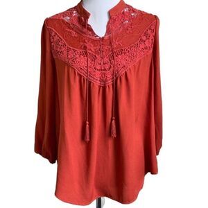 Xhilaration Boho Burnt Orange/Red Lace Pullover Peasant Top (Size: Large)